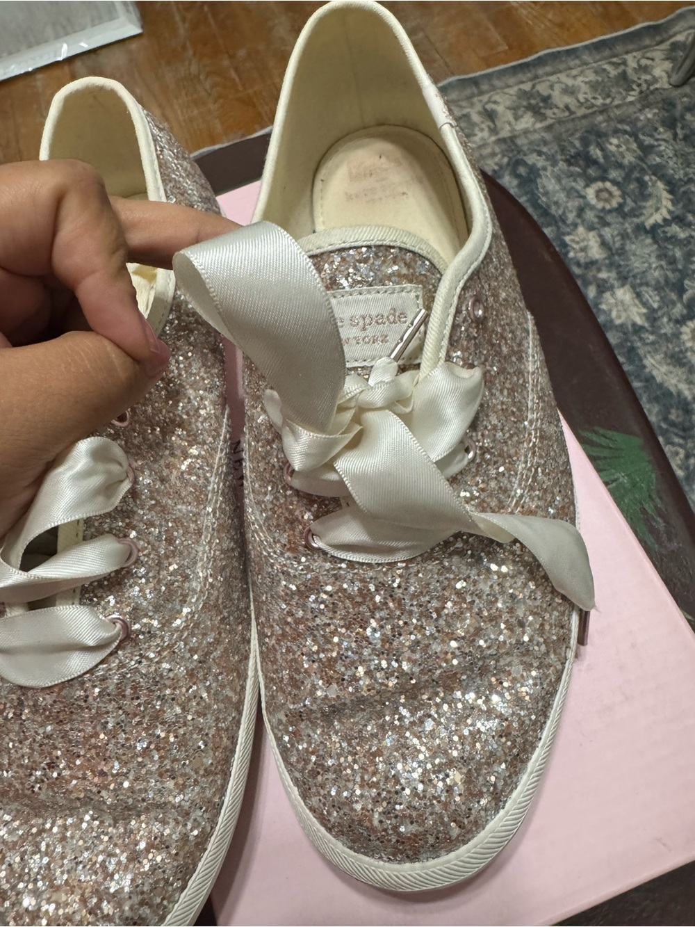 kate spade Keds  Rose Gold Glitter Ribbon Sneakers